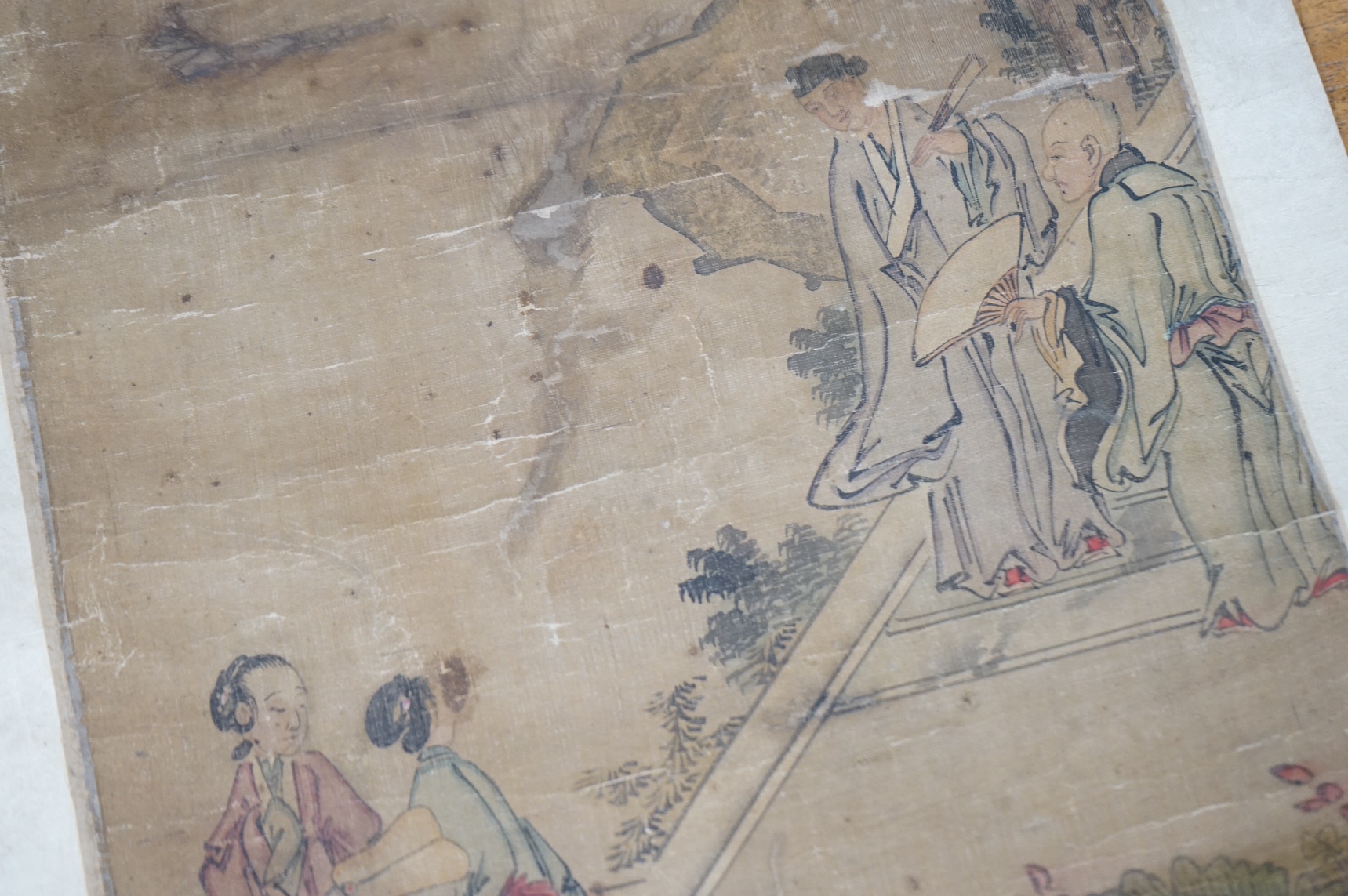 A 19th century Chinese painting on silk scene from Romance of the Western Chamber, unframed, Condition - poor